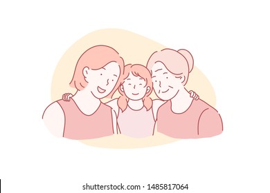 Mothers Day, International Womens Day, March 8 concept. A young mother with a small daughter and a pensioner grandmother hugging together. Simple flat vector.