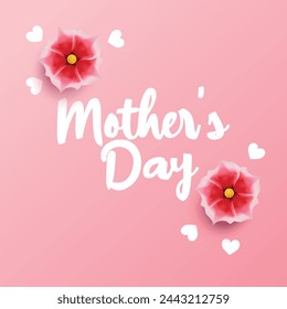 Tarjeta de invitación del Día de la Madre. Tarjeta de felicitación con flor rosa realista, texto caligráfico y fondo degradado rosa. Vector para la venta, promoción, medios sociales, sitio web, anuncio, banner, póster, fondo de pantalla