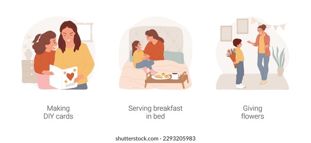 Conjunto de ilustraciones vectoriales del Día de la Madre. Haciendo tarjetas de bricolaje, hija felicitando a mamá, niño sirviendo el desayuno en la cama, dando flores a la madre, festividad de vectores del día de primavera.