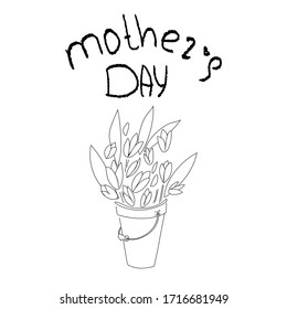 Mother's Day. Isolated element of a bouquet of tulips in a bucket on a white background. Vector illustration for the design of greeting cards, banners, print on fabric, paper, etc.