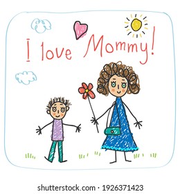 The Mother`s Day. Kids Drawing style with words I love you Mommy! and mother with flower and son vector illustration