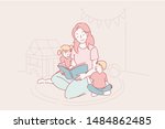 Mothers day, kindergarten, motherhood vector. A young mother reads fairy tales to her son and daughter, children learn letters together with a nanny, a teacher from kindergarten teaches children. 