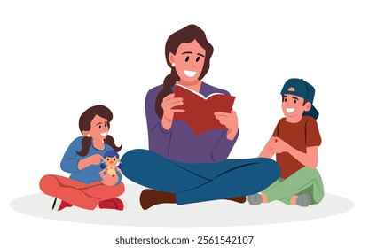 Mother's day, kindergarten, motherhood vector. A young mother reads fairy tales to her son and daughter, children learn letters together with a nanny, a kindergarten teacher teaches children.