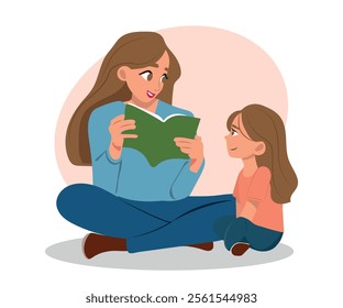 Mother's day, kindergarten, motherhood vector. A young mother reads fairy tales to her daughter, the child learns letters together with a nanny, a kindergarten teacher teaches the child.