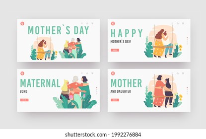 Mothers Day Landing Page Template Set. Mother, Grandmother, Daughter and Granddaughter Family Characters Hugging Rear View. Mom and Girl Embrace Sitting on Swing. Cartoon People Vector Illustration