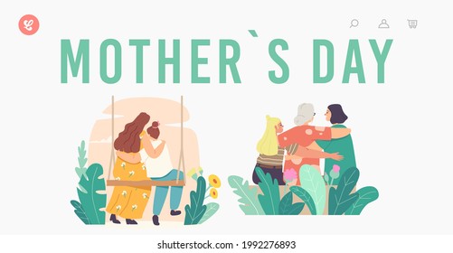 Mothers Day Landing Page Template. Loving Mother, Grandmother, Daughter and Granddaughter Family Characters Hugging Rear View. Mom and Girl Embrace Sitting on Swing. Cartoon People Vector Illustration