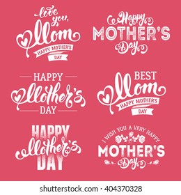 Mothers Day Lettering Calligraphic Emblems And Badges Set. Isolated On Pink. Happy Mothers Day, Best Mom, Love You Mom Inscription. Vector Design Elements For Greeting Card And Other Print Templates