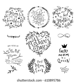 Mothers Day Lettering Calligraphic Emblems and Design Elements Set.  Happy Mothers Day, Best Mom, Love You Mom Inscription. Vector Design Elements For Greeting Card and Other Print Templates