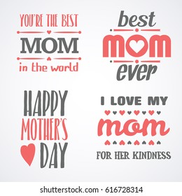 Mothers Day Lettering Calligraphic Emblems and Badges Set. Vector Design Elements For Greeting Card and Other Print Templates. Typography composition.