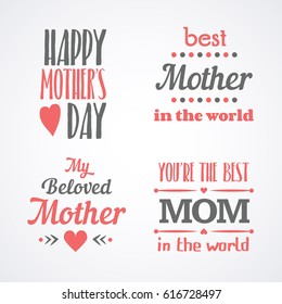 Mothers Day Lettering Calligraphic Emblems and Badges Set. Vector Design Elements For Greeting Card and Other Print Templates. Typography composition.
