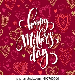 Mothers day lettering card with red seamless background and handwritten text message. Vector illustration EPS10