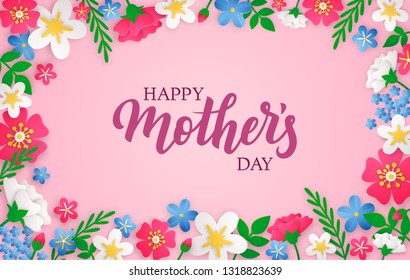 Mother's day lettering greeting card with paper cut out colorful flowers vector background. 