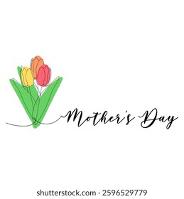 Mother's Day, Lettering, Hand Drawn, Bouquet Tulip, Tulips, Line, Mother's Day card, banner, poster, flyer, label or cover. Spring, summer bright abstract floral design, template for advertising, vect