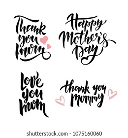 Mother's Day lettering set. Mother's day card with hearts. Vector illustration. Isolated on white background.