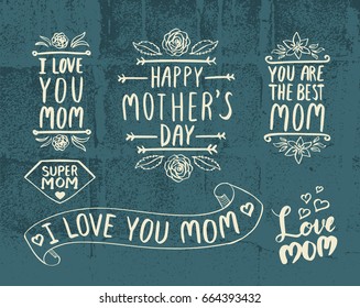 Mother's Day lettering set for Mother's Day card on texture background. Vector illustration.