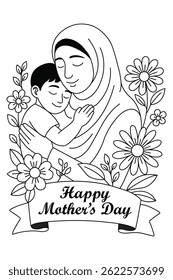 Mother's Day line art content. Mother and Child Hug Illustration for Mother's Day Celebration.