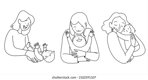 Mothers Day Line Flat Illustration, Mother With Baby Minimalist Cute Art
