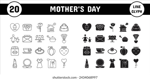 Mother's Day Line Glyph Vector Illustration Icon Sticker Set Design Materials