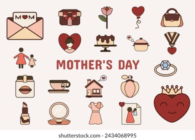 Mother's Day Lineal Color Vector Illustration Icon Sticker Set Design Materials