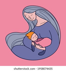 mothers day. A little child in his mothers arms with outline and pink background