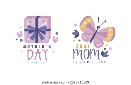 Mothers Day Logo Design Set, Best Mom Hand Drawn Labels Vector Illustration
