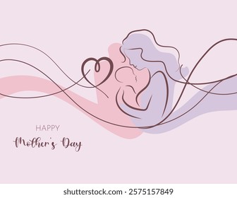 Mother's Day Love: Delicate line art illustration portraying a loving mother cradling her baby, symbolizing the unbreakable bond between mother and child. Heartfelt and elegant.