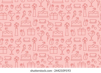 mother's day, love seamless pattern with present, flowers, cake, icecream, fruits, cocktail icons; use for greeting cards, gift wrap, digital invitations or social media graphics- vector illustration