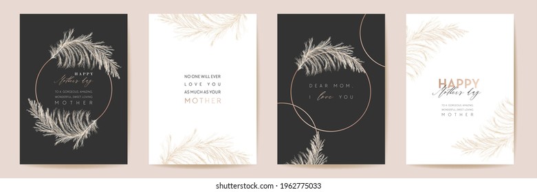 Mothers day luxury floral greeting set. Vector foliage design for Mother party. Watercolor pampas grass template. Woman spring card. Modern poster, Mom banner postcard, Nature curve flyer