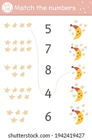 Mothers day matching game with crescent moon and stars. Holiday math good night activity for preschool children. Educational printable counting worksheet for kids. How many stars?

