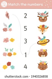 Mothers day matching game with cute boho animals and head decoration. Holiday math activity for preschool children with flowers. Printable counting worksheet with funny elements for kids
