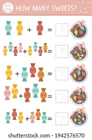 Mothers day matching game with sweet box. Holiday math activity for preschool children with candy. Educational printable counting worksheet with cute funny elements for kids

