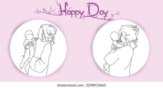 mothers day, maternity, mother care, woman holding baby, faceless woman, motherhood, vector, line, card
