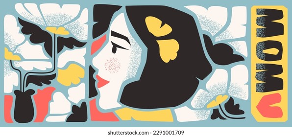 Día de la Madre en el tejo abstracto de groovía ingenua de Matisse. Postal vectorial con estampados florales botánicos de moda. Mujer con flores. Mamá.