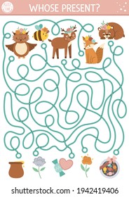 Mothers day maze for children. Holiday preschool printable educational activity. Funny family love game or puzzle with cute animals and gifts. Mother and baby labyrinth. Whose present worksheet 

