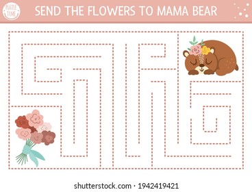 Mothers Day Maze For Children. Holiday Preschool Printable Educational Activity. Funny Family Love Game Or Puzzle With Cute Animal. Mother And Baby Labyrinth. Send The Flowers To Mama Bear. 

