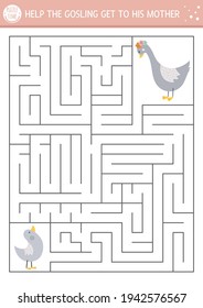 Mothers day maze for children. Holiday preschool printable educational activity. Funny family love game or puzzle with cute animals. Mother and baby labyrinth. Help the goose get to his mom. 
