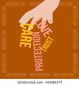 Mother's day minimalistic vector creative card concept idea with a hand throwing words