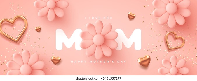 Mother's Day modern banner with decor elements. 3d vector illustration.