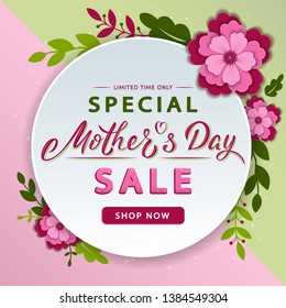 Mother's Day modern sale banner with lettering text and flowers. Trendy floral background layout. For banners, flyers, invitation, brochure, posters, voucher discount. Vector illustration template