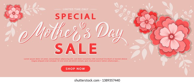 Mother's Day modern sale banner with lettering text and paper flowers. Trendy floral background layout. For banners, flyers, invitation, brochure, posters, voucher discount. Vector illustration