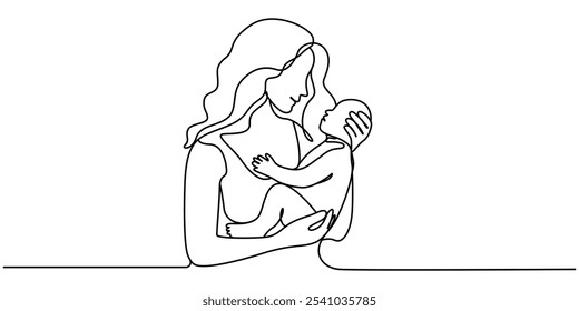 Dia das Mães Mãe e Bebê em Linha Única Desenho Estilo com Traço Editável, Feliz Dia das Mães desenho de linha contínua de mãe brincando com seu bebê. mulheres segurando seu conceito de maternidade bebê. vetor.