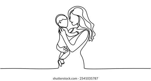 Mother's Day Mom and Baby in Single Line Drawing Style with Editable Stroke, Happy Mother’s Day continuous line drawing of Mom playing with her baby. women holding her baby motherhood concept. vector.