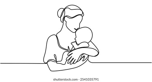 Mother's Day Mom and Baby in Single Line Drawing Style with Editable Stroke, Happy Mother’s Day continuous line drawing of Mom playing with her baby. women holding her baby motherhood concept. vector.