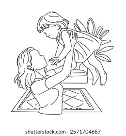 Mother's Day Mom and Baby in Single Line Drawing Style with Editable Stroke, Young mom hugging her baby child. Hand drawn illustration for Happy International Mother's Day card, loving family.