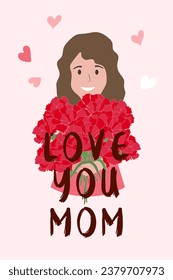 Mother's day with mom and daughter, calligraphic text, carnation flowers. Hand drawn vector illustration. Vector illustration