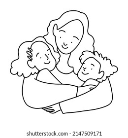 Mother's day mom with daughter and son line minimalistic vector illustration