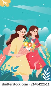 Mother's day mom running with flowers, plants and flowers in the background vector illustration