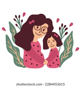 Mothers day. Mom and son character vector illustration with flower background.