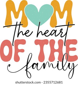 Mother's Day Mom Sublimation Design. Colorful Wavy Love Heart Typography for Mom Valentine Gift.