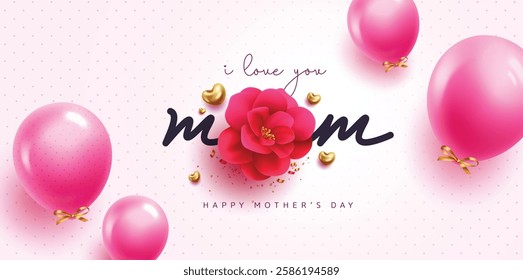 Mother's day mom text vector design. Happy mother's day with balloons elements for international celebration greeting card background. Vector Illustration. 
